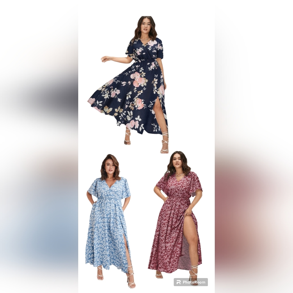 Bloom Dress - Flutter Sleeve Ditsy Floral Pocket Split Maxi Dress plus size